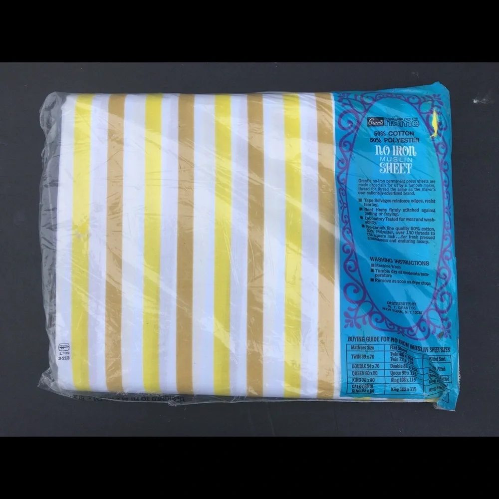 Vintage Full Flat Sheet Double Grants Muslin Striped Mod Yellow Gold White New